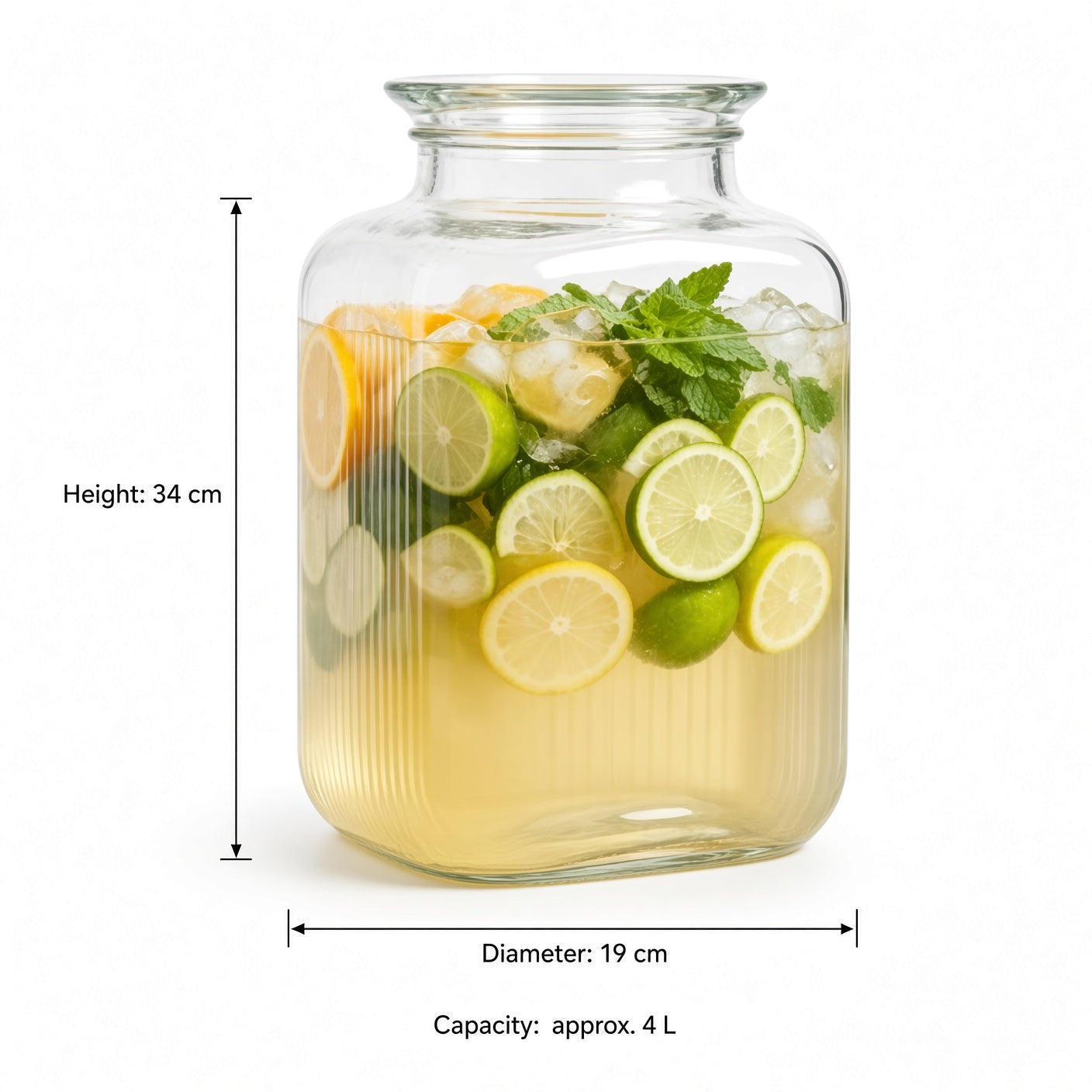 4L Clear Glass Beverage Jar with Vertical Ribs | Wide Mouth Infusion Container for Cold Drinks