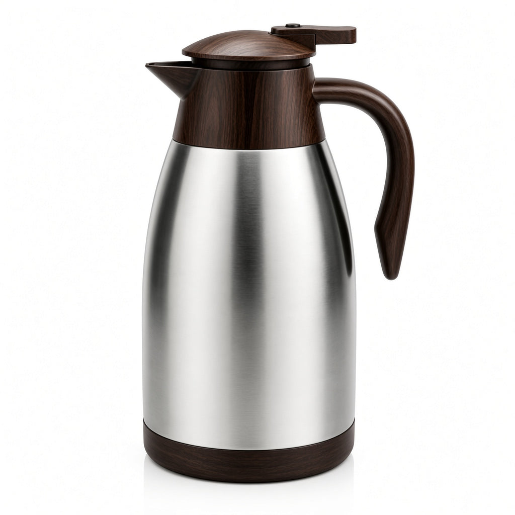Stainless Steel Thermal Carafe with Wood-Grain Lid and Handle | Vacuum Insulated Coffee Pot