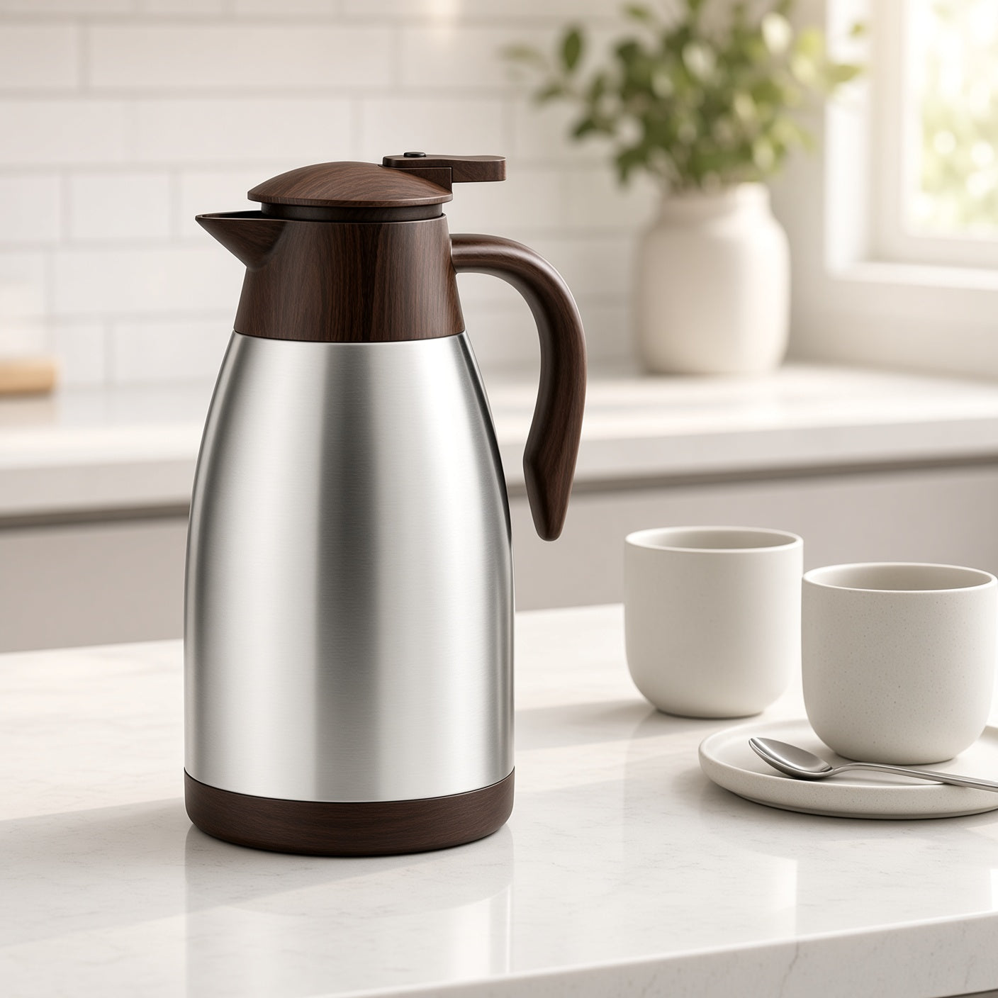 Stainless Steel Thermal Carafe with Wood-Grain Lid and Handle | Vacuum Insulated Coffee Pot