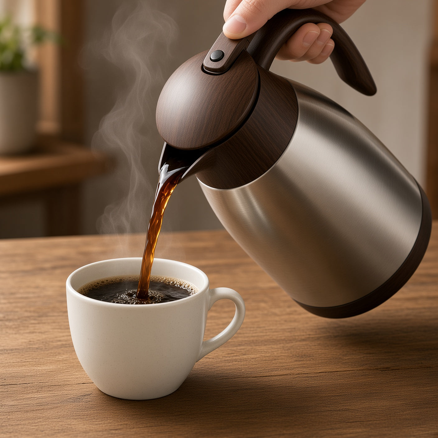 Stainless Steel Thermal Carafe with Wood-Grain Lid and Handle | Vacuum Insulated Coffee Pot