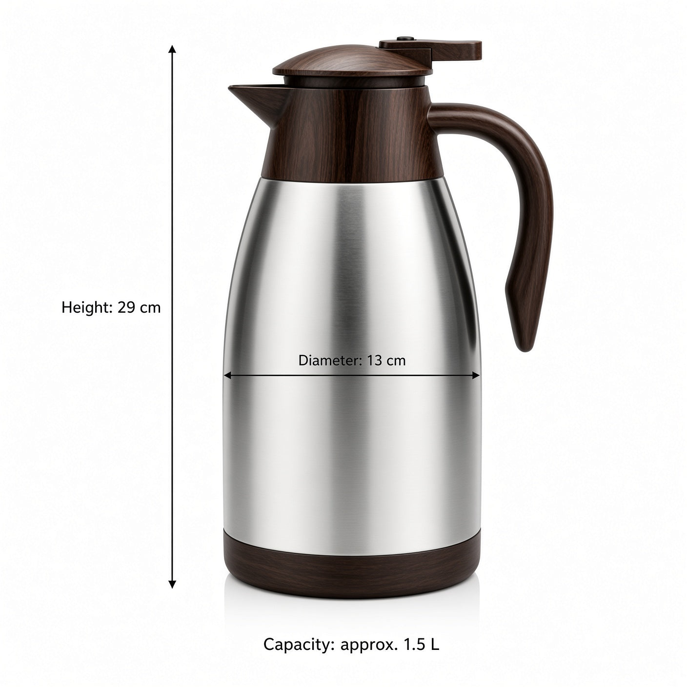 Stainless Steel Thermal Carafe with Wood-Grain Lid and Handle | Vacuum Insulated Coffee Pot