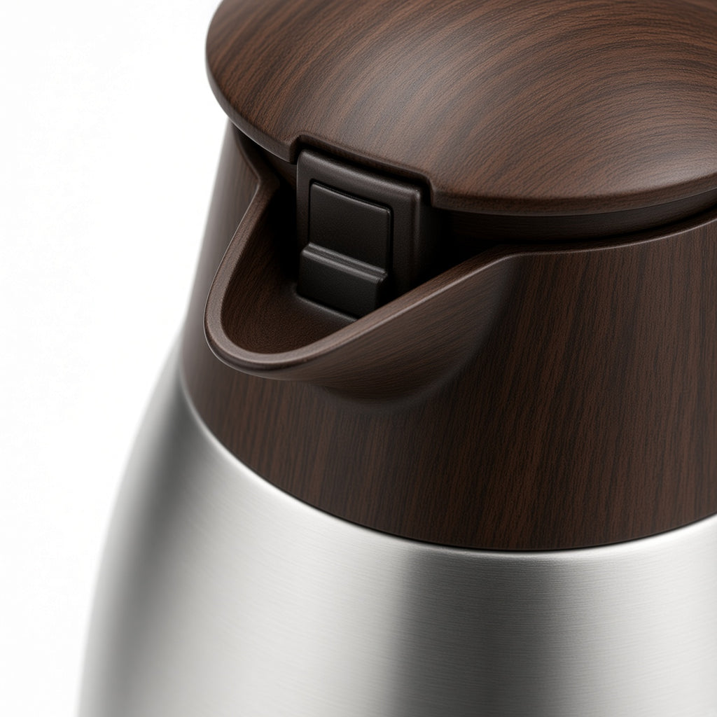 Stainless Steel Thermal Carafe with Wood-Grain Lid and Handle | Vacuum Insulated Coffee Pot