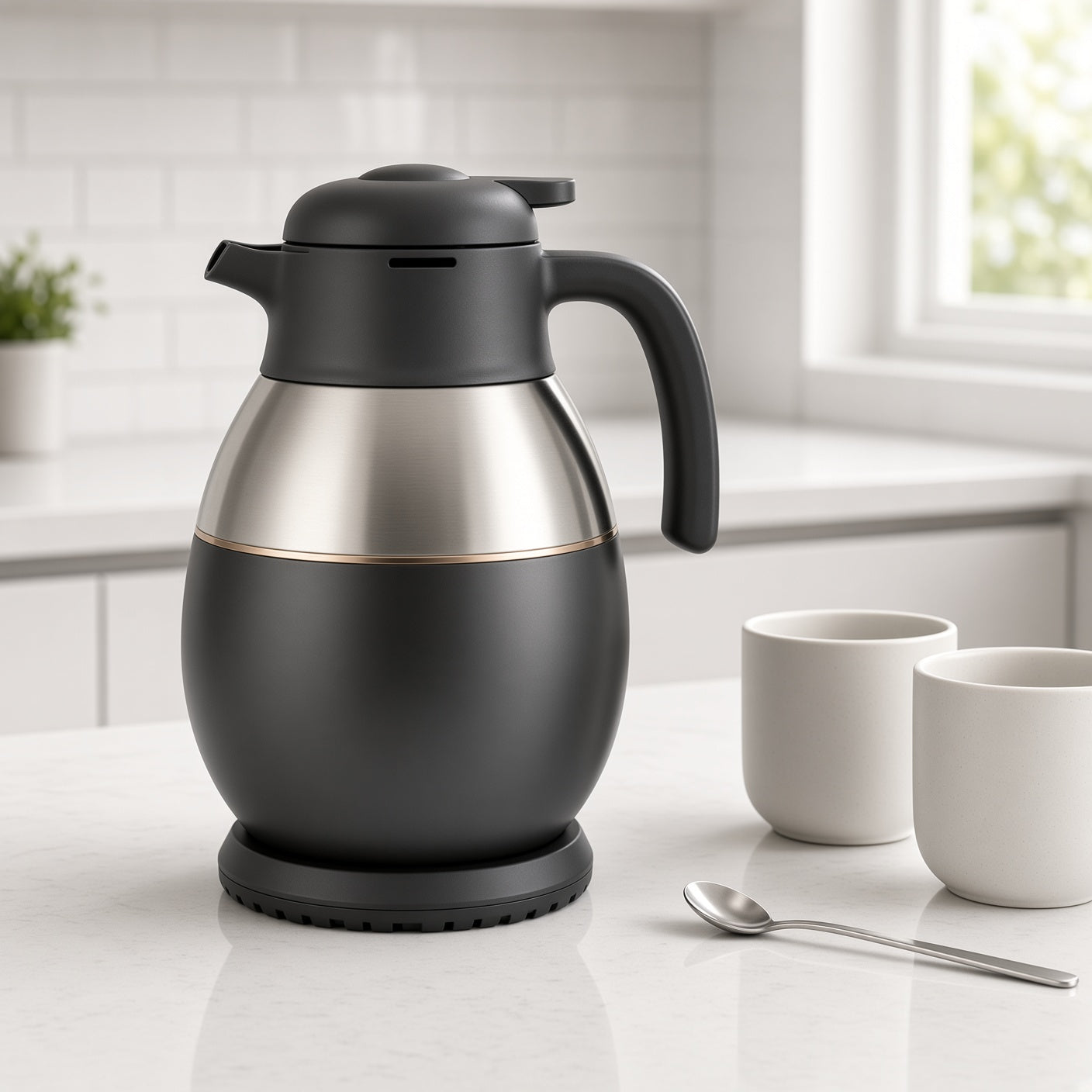 Black and Stainless Steel Thermal Carafe with Copper Accent | Vacuum Insulated Coffee Pot