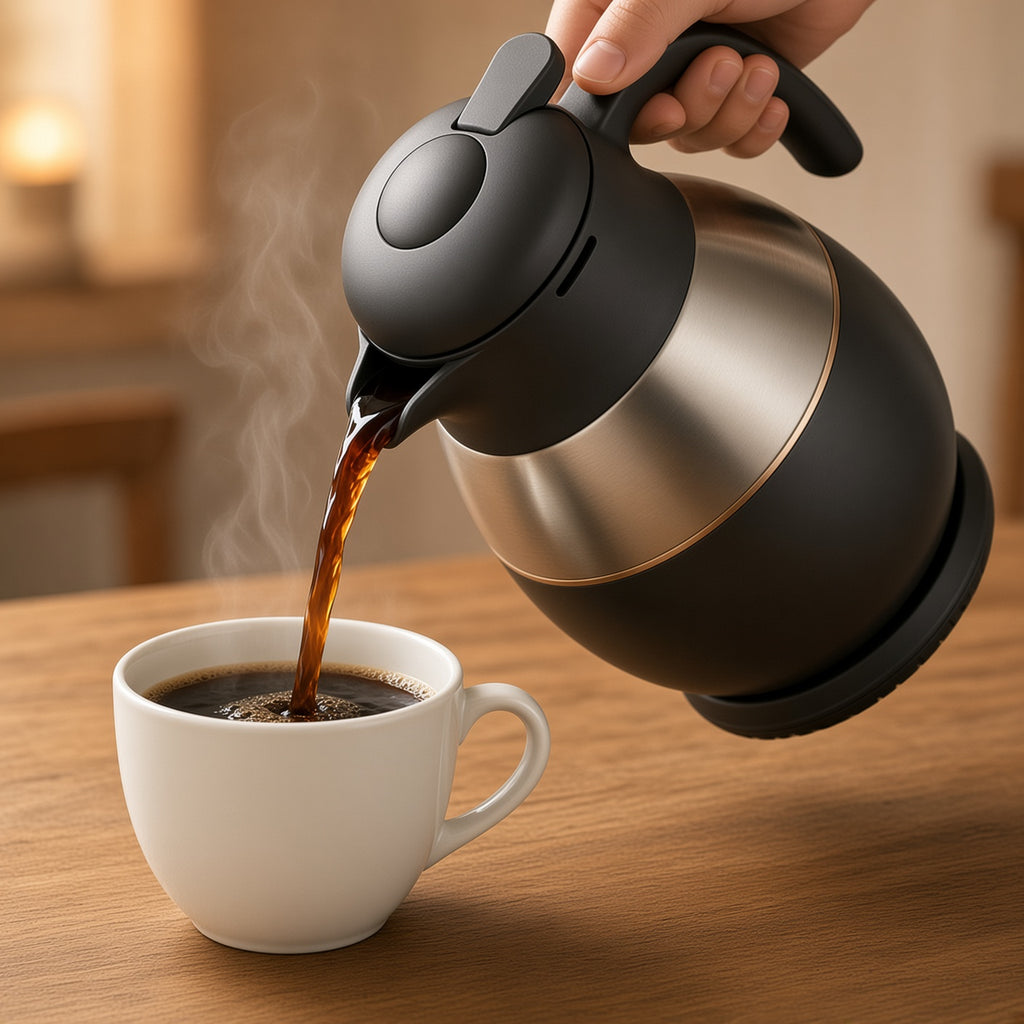 Black and Stainless Steel Thermal Carafe with Copper Accent | Vacuum Insulated Coffee Pot