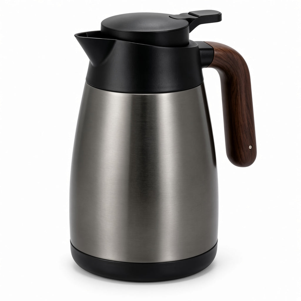 Stainless Steel Thermal Carafe with Wooden Handle and Black Lid | Vacuum Insulated Coffee Pot