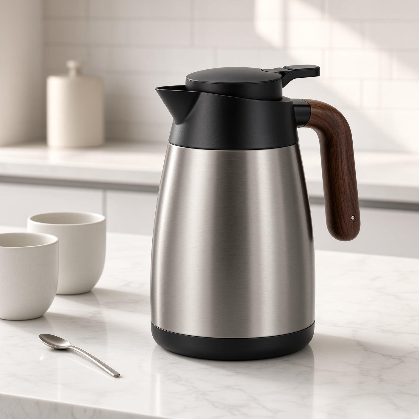 Stainless Steel Thermal Carafe with Wooden Handle and Black Lid | Vacuum Insulated Coffee Pot
