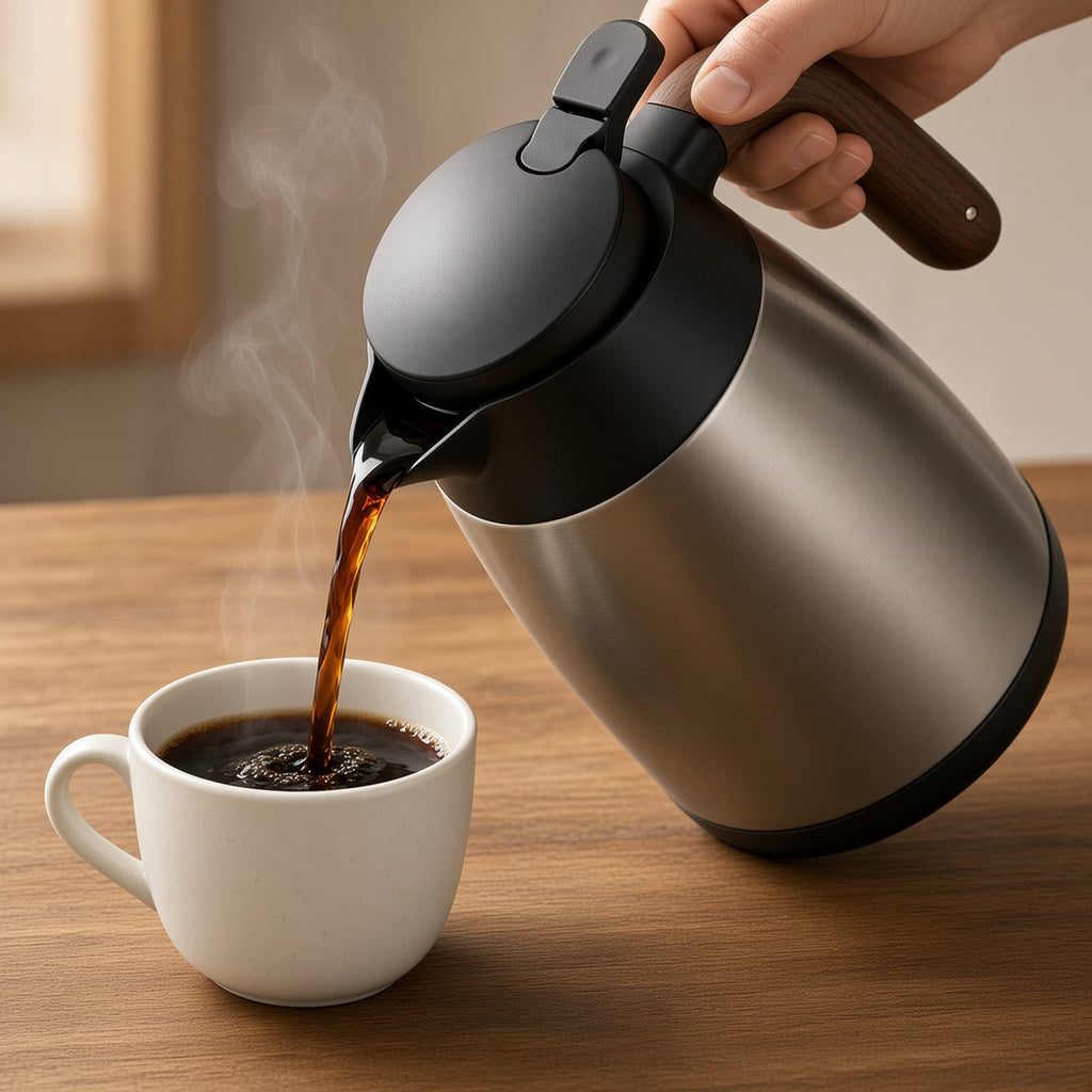 Stainless Steel Thermal Carafe with Wooden Handle and Black Lid | Vacuum Insulated Coffee Pot