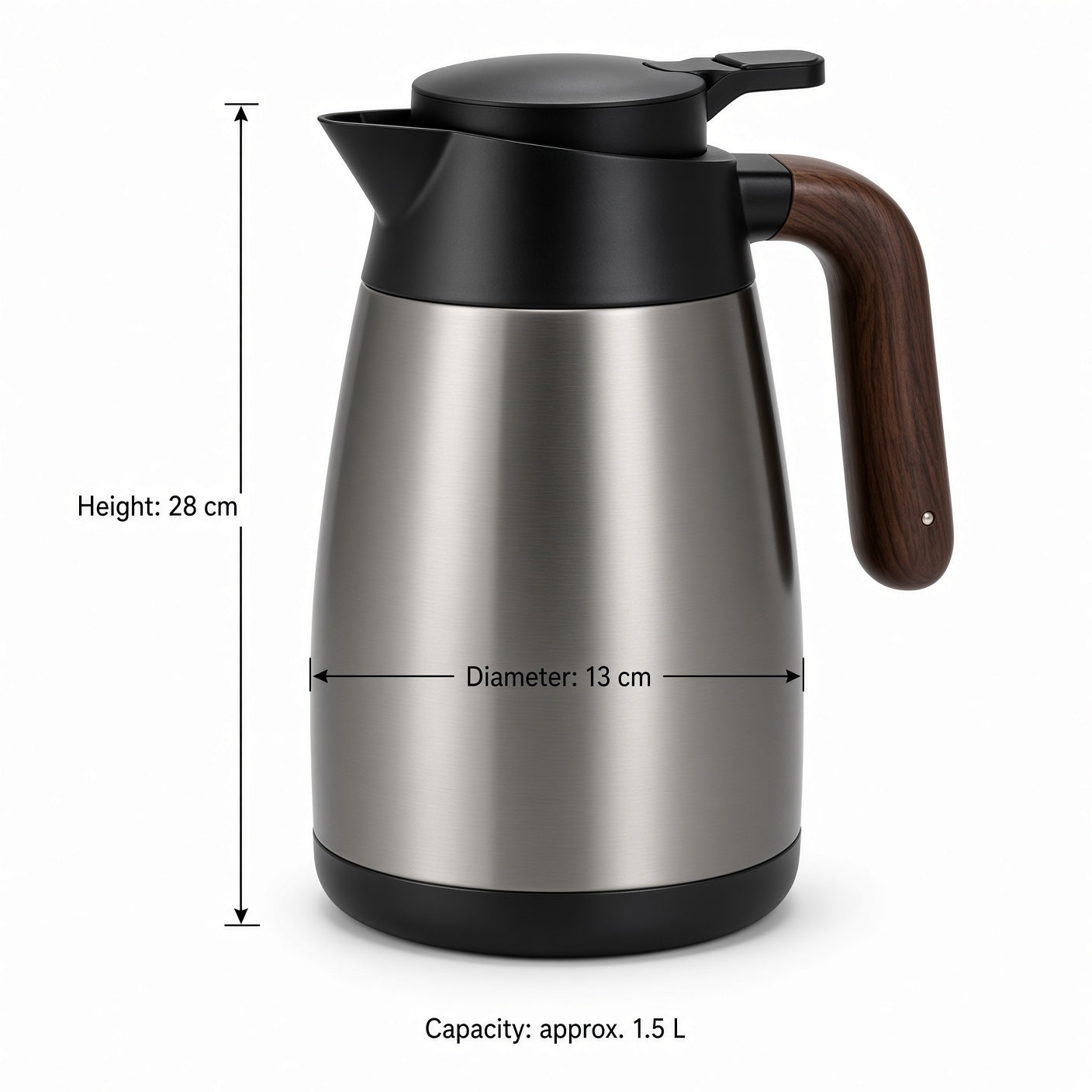 Stainless Steel Thermal Carafe with Wooden Handle and Black Lid | Vacuum Insulated Coffee Pot