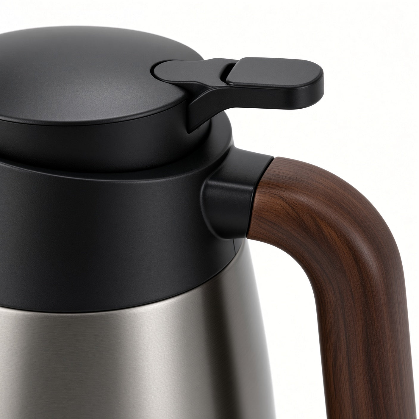 Stainless Steel Thermal Carafe with Wooden Handle and Black Lid | Vacuum Insulated Coffee Pot