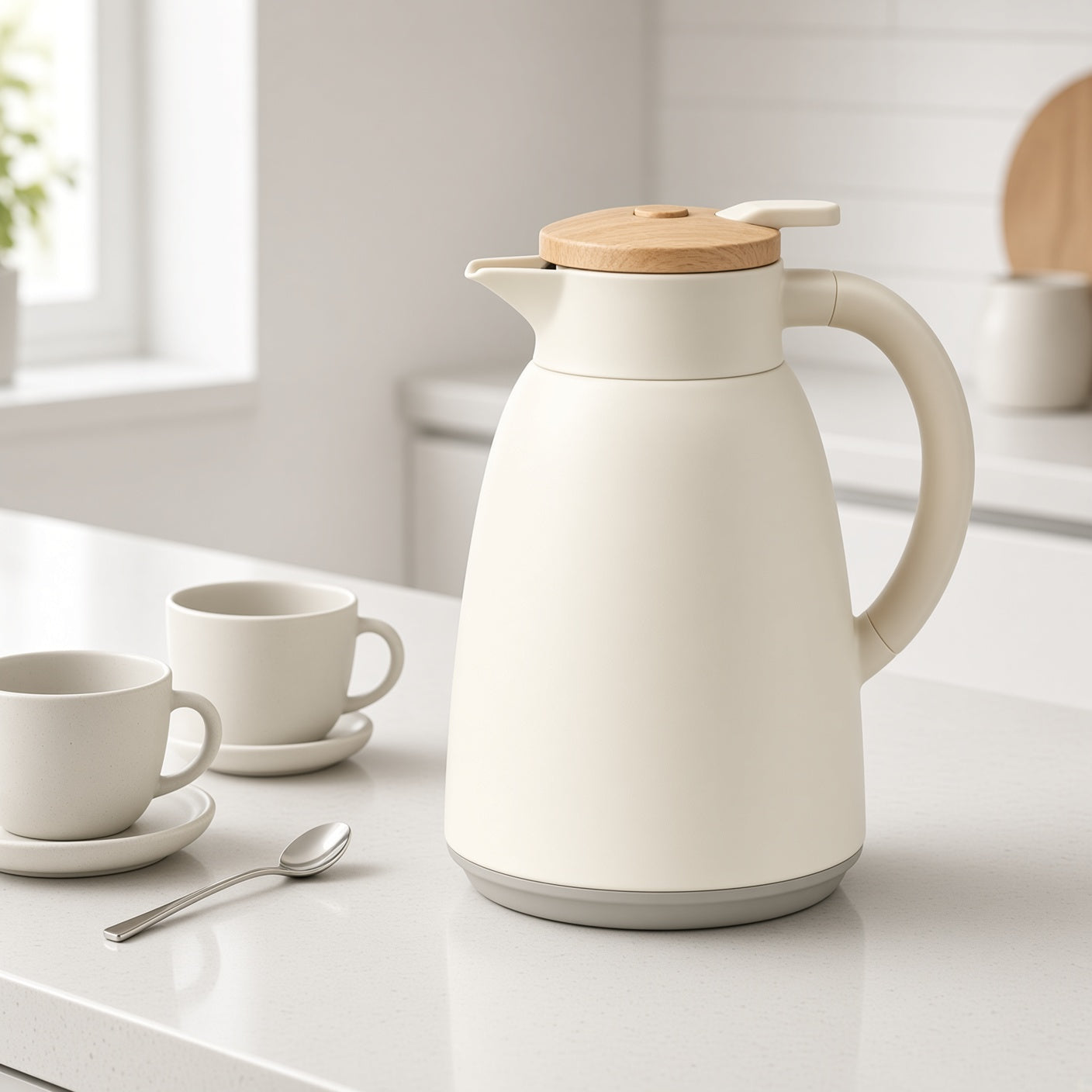 Cream Thermal Carafe with Wooden Lid | Vacuum Insulated Coffee Pot