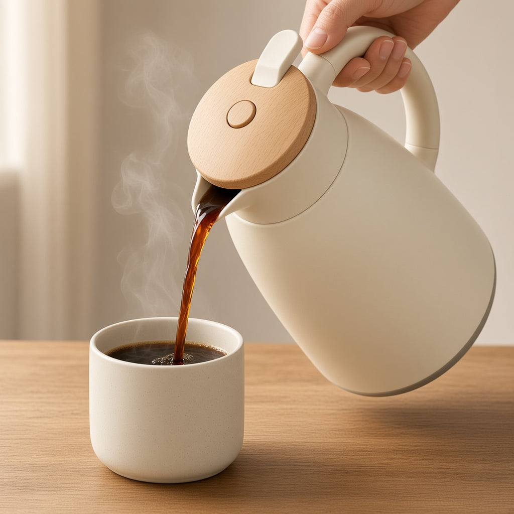 Cream Thermal Carafe with Wooden Lid | Vacuum Insulated Coffee Pot