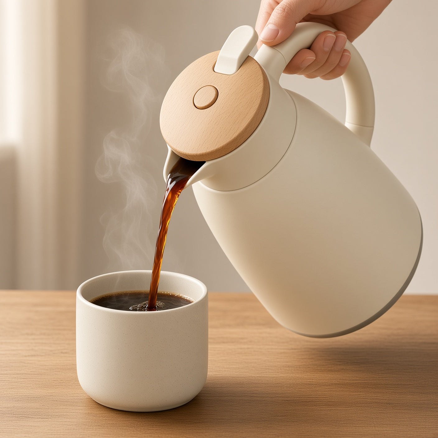 Cream Thermal Carafe with Wooden Lid | Vacuum Insulated Coffee Pot